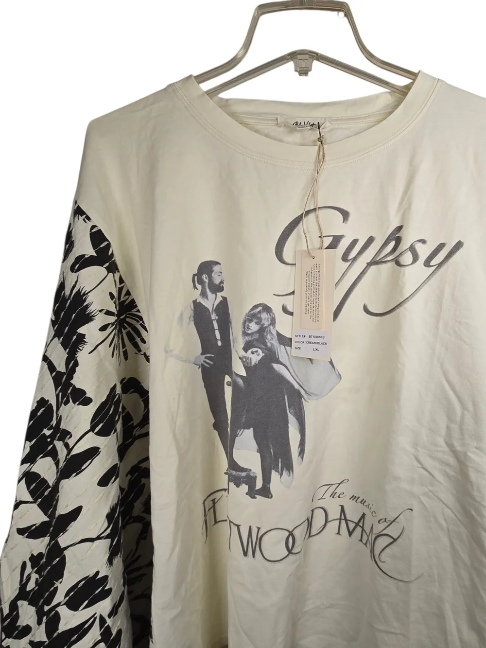 Fleetwood Mac Graphic Cream Tee with Black Floral Kimono Sleeves L/xl - Picture 3 of 6
